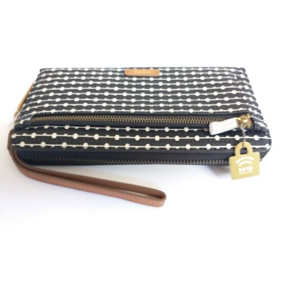 New! FOSSIL Logan RFID Wallet Zip Around Clutch Wristlet Strap Black Stripe - Picture 9 of 12